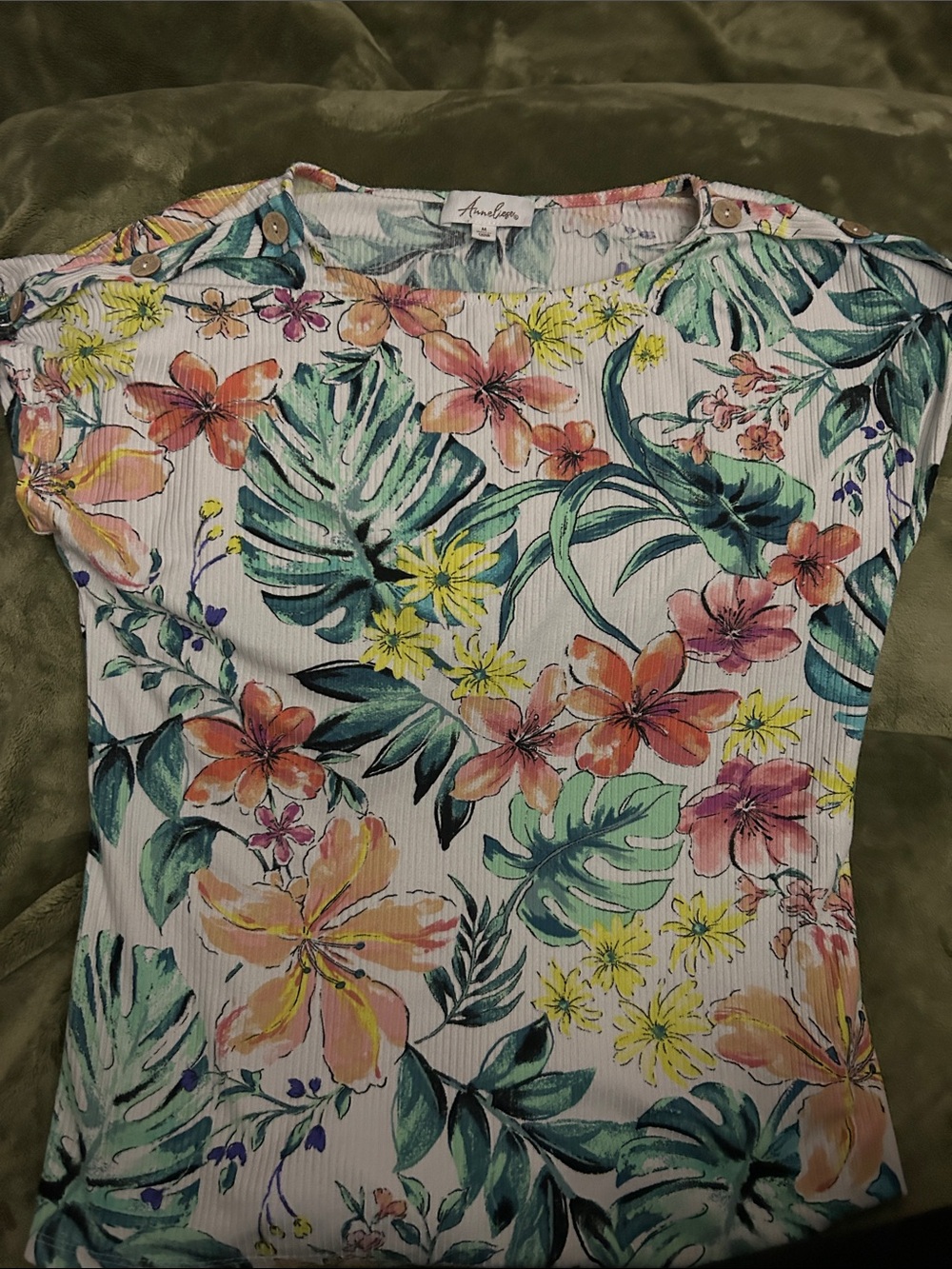 Kim Rogers White Tropical Floral Short Sleeve Top with Green & Pink